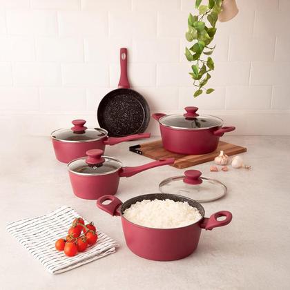 Imagem de Jogo De Panelas Ceramica Antiaderente Indução Mimo Style Cook Red 10 Peças Conjunto Com Caçarola Frigideira E Utensílios