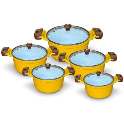 Imagem de Jogo De Panelas Cerâmica Branca Antiaderente 5 Peças Amarelo Tampa De Vidro