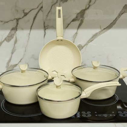 Imagem de Jogo de Panelas Cerâmica Marmorizado Antiaderente Parma Conjunto Caçarolas Indução Cozinha Lua de Mel Revestimento Cerâmico Não Gruda Tampa de Vidro
