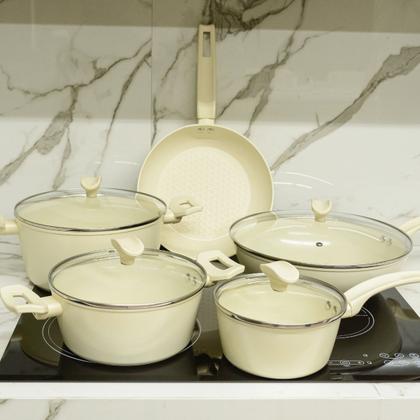 Imagem de Jogo de Panelas Cerâmica Marmorizado Antiaderente Parma Conjunto Caçarolas Indução Cozinha Lua de Mel Revestimento Cerâmico Não Gruda Tampa de Vidro