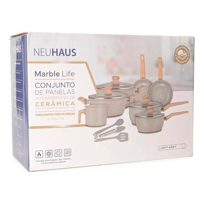 Imagem de Jogo de Panelas Com 10 Peças Neuhaus Marble Life Cerâmico Antiaderente e Acessórios em Silicone - Light Grey