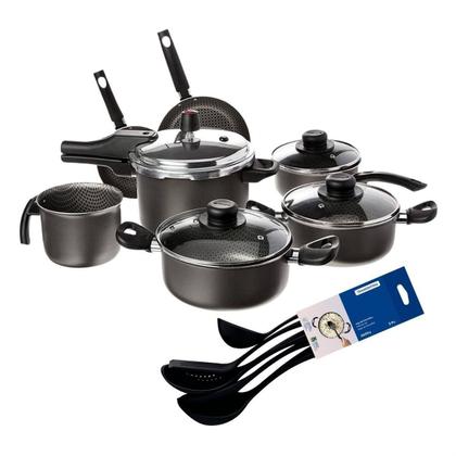 Imagem de Jogo de Panelas com Frigideiras Antiaderentes Multiflon Panela Pressão 4,5L e Utensílios