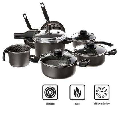 Imagem de Jogo de Panelas com Frigideiras Antiaderentes Multiflon Panela Pressão 4,5L e Utensílios