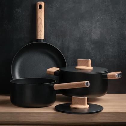 Imagem de Jogo de Panelas Conjunto Antiaderente Cerâmico Alumínio Forjado Concept Wood Kit 4 Peças