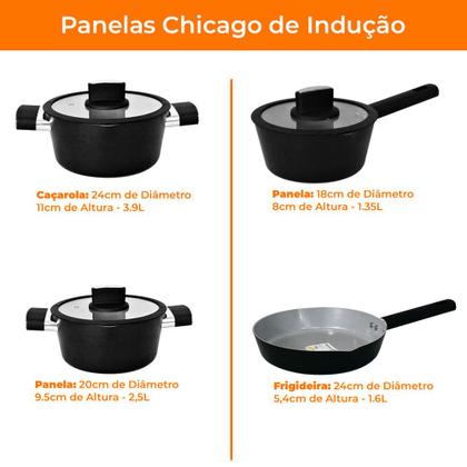 Imagem de Jogo de Panelas de Indução Antiaderente Cerâmica Chicago Preto 4 peças - Casambiente