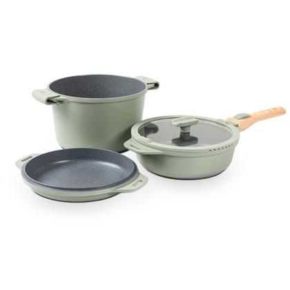 Imagem de Jogo de Panelas Empilhável Brinox Loft 7 Peças Antiaderente Ceramic Life, Cabo Removível e Fundo de Indução  Verde