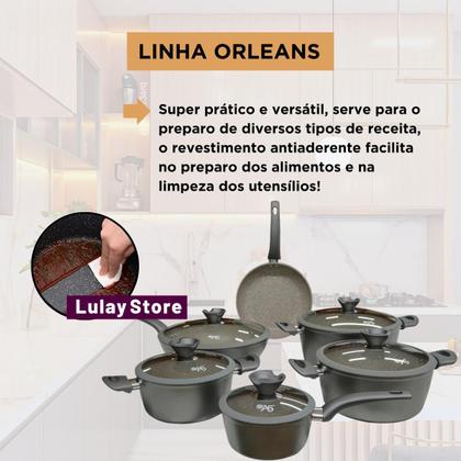 Imagem de Jogo de Panelas Granito Marmorizado Antiaderente Orleans Conjunto Caçarolas Indução Cozinha Lua de Mel Revestimento Cerâmico Não Gruda Tampa de Vidro