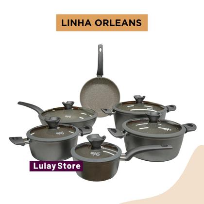 Imagem de Jogo de Panelas Granito Marmorizado Antiaderente Orleans Conjunto Caçarolas Indução Cozinha Lua de Mel Revestimento Cerâmico Não Gruda Tampa de Vidro