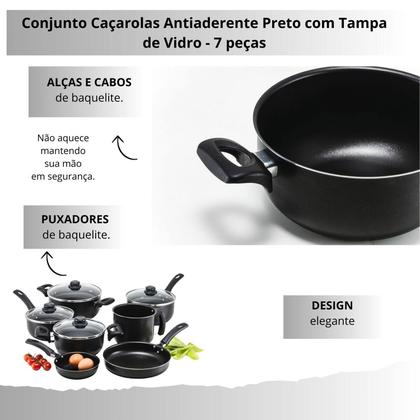 Imagem de Jogo de panelas premium antiaderente 7 pecas preto com tampa de vidro