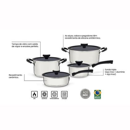 Imagem de Jogo De Panelas Solar Ceramic Aço Inox Fundo Triplo Rev Interno Cerâmico 4 Peças Tramontina 65120026