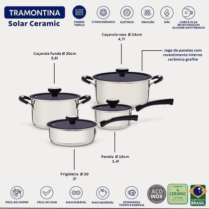 Imagem de Jogo De Panelas Solar Ceramic Aço Inox Fundo Triplo Rev Interno Cerâmico 4 Peças Tramontina 65120026