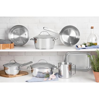 Imagem de Jogo de Panelas Tramontina Inox Allegra 7 Peças Fundo Triplo Indução Frigideira Tramontina Caçarola Leiteira