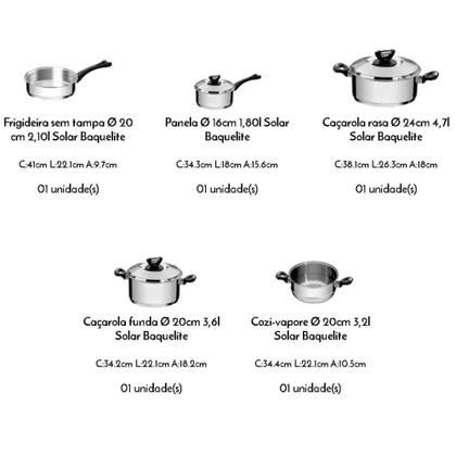 Imagem de Jogo de Panelas Tramontina Solar Baquelite 5 Peças em Aço Inox Fundo Triplo com Cabos e Alças de Baquelite 65720010