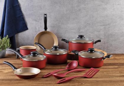 Imagem de Jogo de Panelas Tramontina Turim em Alumínio com Revestimento Interno e Externo em Antiaderente Starflon Max Vermelho 10 Peças