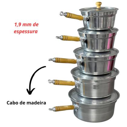 Imagem de Jogo de Panelas Vitória 5 Peças com Cabo de Madeira Polida Reforçado Polida