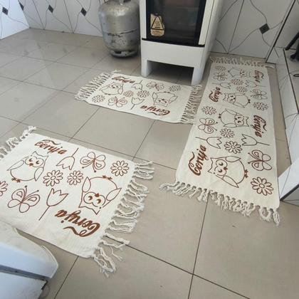 Imagem de Jogo de Passadeira Coruja Tapete de Cozinha Estampado com Nozinho 03 Peças 100% Algodão