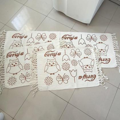 Imagem de Jogo de Passadeira Coruja Tapete de Cozinha Estampado com Nozinho 03 Peças 100% Algodão