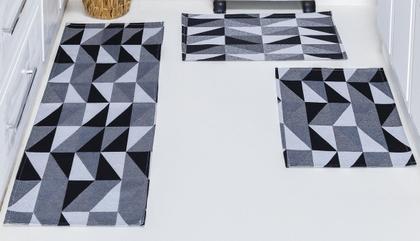 Imagem de Jogo de Passadeira + Tapete 3 pç Jacquard Antiderrapante Cozinha Corredor Quarto Sala Geométrico