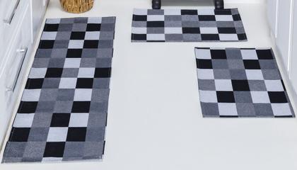 Imagem de Jogo de Passadeira + Tapete 3 pç Jacquard Antiderrapante Cozinha Corredor Quarto Sala Geométrico