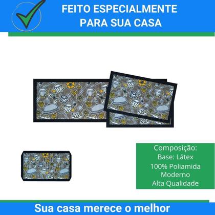 Imagem de Jogo de Pia 3 Peças Xícaras Estampa Kit Tapetes Decoração Cozinha Residencial Decorativo 110x36cm/60x36cm