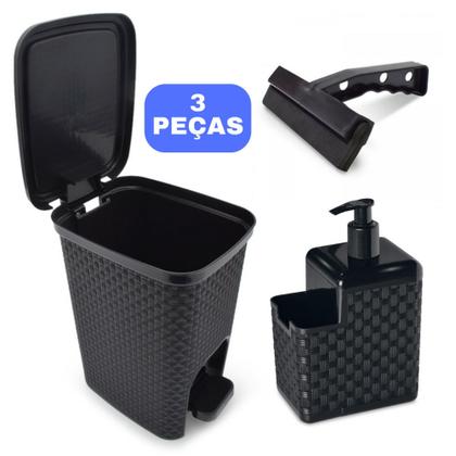 Imagem de Jogo de Pia e Cozinha Lixeira Grande Porta Detergente Escorredor e Rodo de Pia Kit 3 Peças