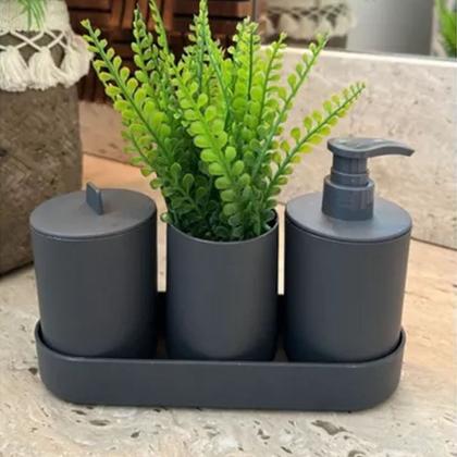 Imagem de Jogo De Pia Para Banheiro Lavabo 4 Peças Porta Escova Algodão Na Cinza Lyor