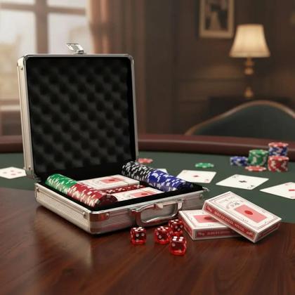 Imagem de Jogo De Poker Na Maleta Com 100 Fichas 2 Baralhos 5 Dados Família Viagem Mala Cartas