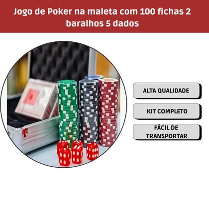 Imagem de Jogo De Poker Na Maleta Com 100 Fichas 2 Baralhos 5 Dados Família Viagem Mala Cartas