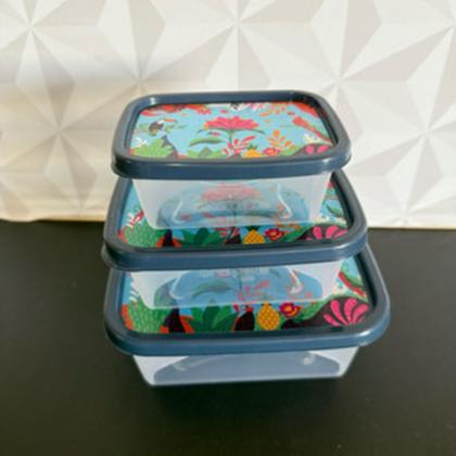 Imagem de Jogo de pote de plástico decorado com 3 peças retangular para alimentos de cozinha kit potes