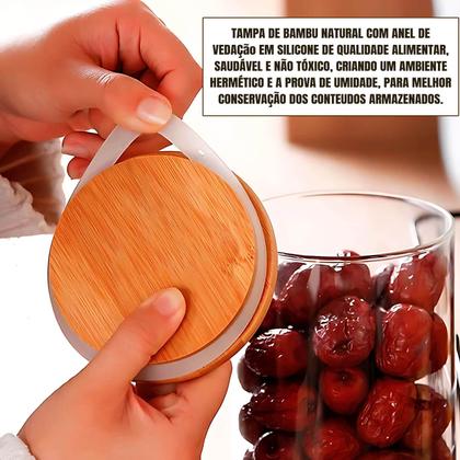 Imagem de Jogo De Potes De Vidro Frasco Hermético Tampa De Bambu Natural Condimentos Alimentos