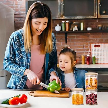 Imagem de Jogo De Potes De Vidro Frasco Hermético Tampa De Bambu Natural Condimentos Alimentos