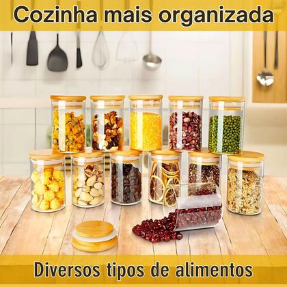 Imagem de Jogo De Potes De Vidro Frasco Hermético Tampa De Bambu Natural Condimentos Alimentos
