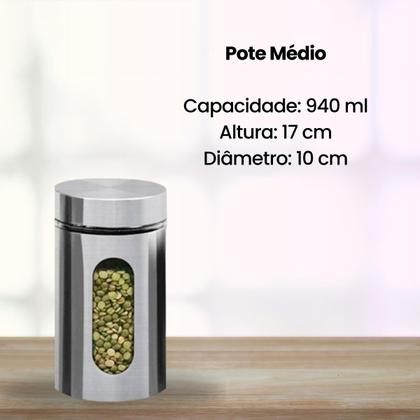 Imagem de Jogo de Potes Kit Com 3 Tampa Rosca Para Mantimentos Arroz Feijão Farinha Bolacha Biscoito Vidro E Aço Inox Resistente