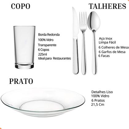 Imagem de Jogo De Pratos Fundos E Copos C/30 Peças Aparelho de Jantar Em Vidro Com Talheres
