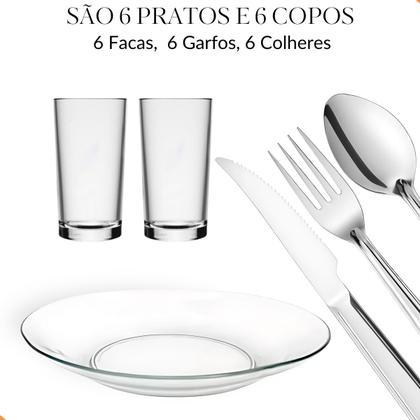 Imagem de Jogo De Pratos Fundos E Copos C/30 Peças Aparelho de Jantar Em Vidro Com Talheres