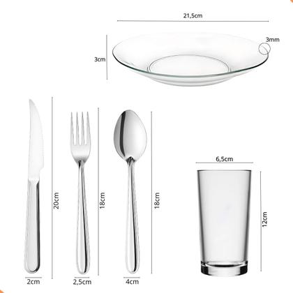 Imagem de Jogo De Pratos Fundos E Copos C/30 Peças Aparelho de Jantar Em Vidro Com Talheres