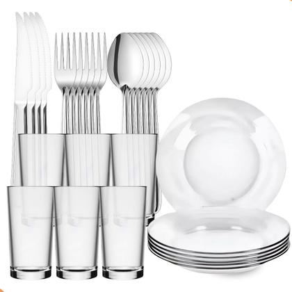Imagem de Jogo De Pratos Fundos E Copos C/30 Peças Aparelho de Jantar Em Vidro Com Talheres