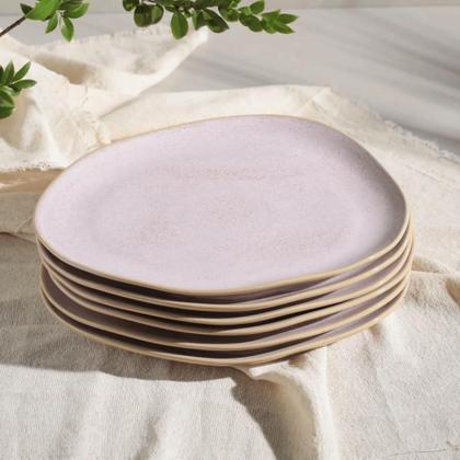 Imagem de Jogo De Pratos Raso Jantar Refeição 31cm Kit 6 Peças Oval Orgânico Litchi Rosa Cerâmica Porto Brasil