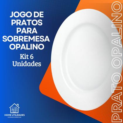 Imagem de Jogo de Pratos Sobremesa Bela Flor Vidro Opalino Redondo Branco Kit 6 Unidades 19cm