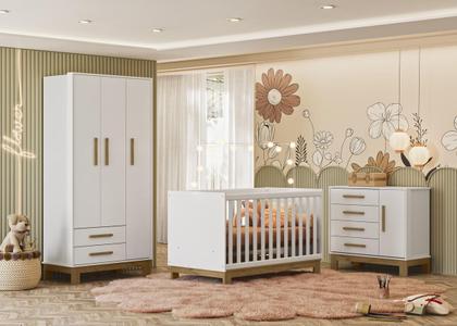 Imagem de Jogo De Quarto Bebê Sophia Completo Com Armário Cômoda Berço Q Encanto Slim Branco Acetinado - Móveis Leartam