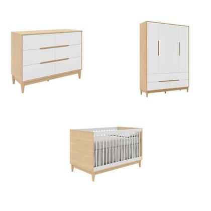 Imagem de Jogo de Quarto Bebê Tomi Quater 3 Peças  Berço 2 em 1, Cômoda e Guarda Roupa 4 Portas MDF Branco com Carvalho