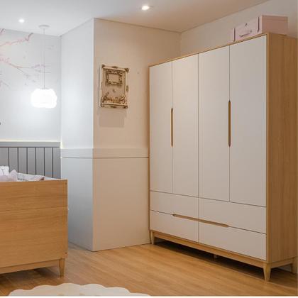 Imagem de Jogo de Quarto Bebê Tomi Quater 3 Peças  Berço 2 em 1, Cômoda e Guarda Roupa 4 Portas MDF Branco com Carvalho