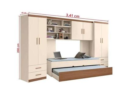 Imagem de Jogo de Quarto Chiara 5 Peças - Roupeiro 2 portas, Módulo Aéreo e Cama com Auxiliar - Off White Amadeirado - Phoenix Bab