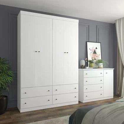 Imagem de Jogo de Quarto com Roupeiro 4 Portas e Cômoda Americano - Branco - Móveis Henn