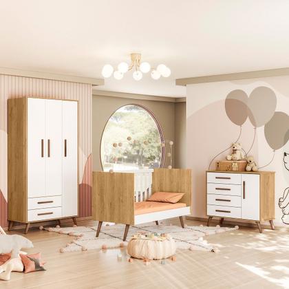 Imagem de Jogo De Quarto Completo Infantil Bebê Guarda Roupa 3 Portas Cômoda 4 Gavetas Berço Mini Cama Americano Pés Palito 3830 / 3825 / 3820 Q Encanto Retrô