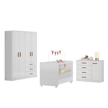 Imagem de Jogo De Quarto Completo Infantil Bebê Guarda Roupa 4 Portas 3 Gavetas Cômoda 4 Gavetas 1 Porta Berço Mini Cama Pérola