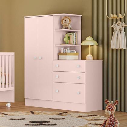 Imagem de Jogo De Quarto Completo Infantil Bebê Guarda Roupa Com Cômoda 2 Portas 3 Gavetas Berço 4 Rodízios C/ Colchão 4070 / 3540 Doce Sonho