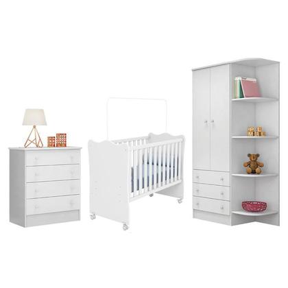 Imagem de Jogo de Quarto Doce Sonho Guarda Roupa 2 Portas Cantoneira, Berço e Cômoda Branco - Qmovi