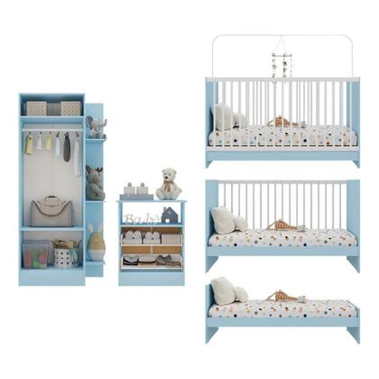 Imagem de Jogo De Quarto Infantil Com Colchão Incluso Trevalla Móveis Pom Pom - Azul-branco Azul-branco