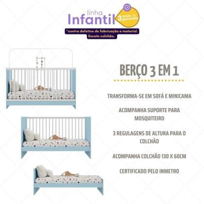 Imagem de Jogo De Quarto Infantil Com Colchão Incluso Trevalla Móveis Pom Pom - Azul-branco Azul-branco